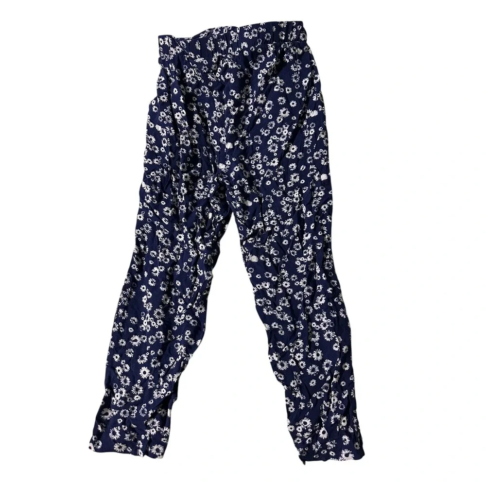 Floral‎ Print Pants Blue White Drawstring Waist Casual Comfy Lightweight